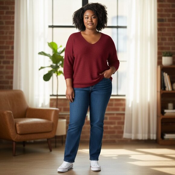 Ava & Viv Sweaters - Ava & Viv Womens Ribbed V-Neck Rich Red 3/4 Sleeves Sweater Plus Size 2X (20/22)